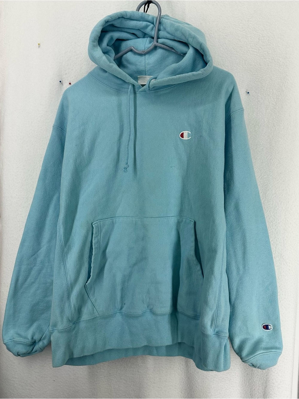 Champion Reverse Weave Hoodie Blue Embroidered Logo Pullover Sweatshirt Large